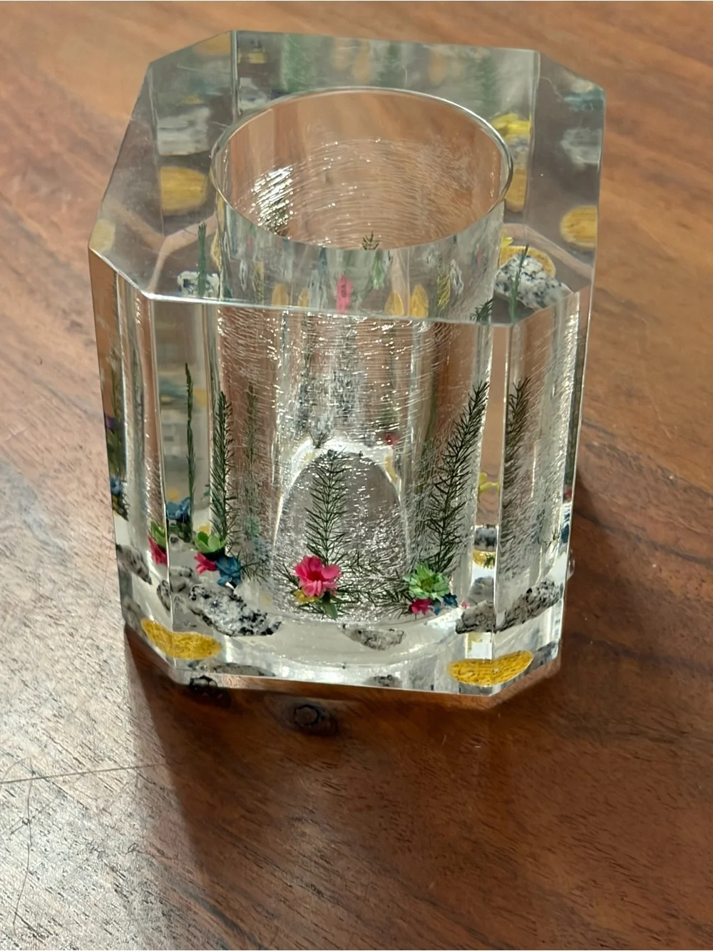 Source Unknown Clear Acrylic Floral Encased Candle Holder with Pink Flowers